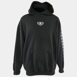 Balenciaga Black Logo Embroidery Cotton Distressed Hoodie S