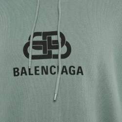 Pre Owned Balenciaga Blue Logo Print Cotton Knit Hoodie M