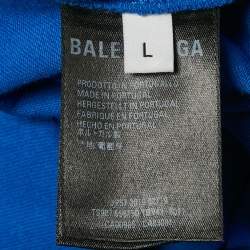 Pre Owned تي شيرت بالنسياغا جيرسي أزرق مطبوع بالشعار مقاس كبير