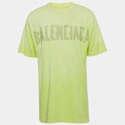 Balenciaga Unisex Florescent Yellow Tape Logo Print Jersey Oversized T-Shirt XXS