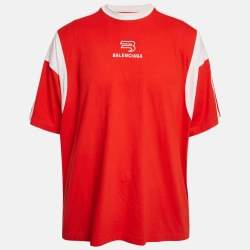 Pre Owned Balenciaga Unifit Red Logo Print Jersey Oversized T-Shirt L
