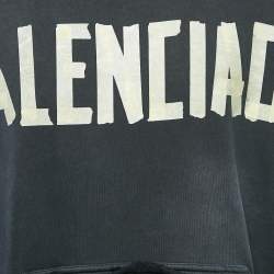 مملوكة مسبقًا Balenciaga Black Washed Tape Type Logo Print Cotton Distressed Hoodie Sweatshirt S