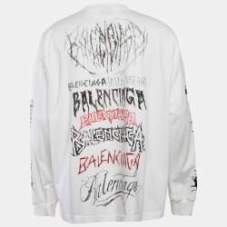 Balenciaga White Logo Print Cotton Full Sleeve Crew Neck T-Shirt L