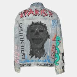 Pre Owned Balenciaga Blue Denim Graphic Print Jacket XXXS