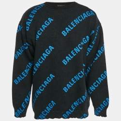 مملوكة مسبقًا Balenciaga Blue Monogram Cotton Knit Crew Neck Sweater M