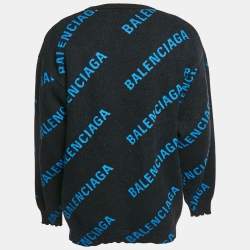 مملوكة مسبقًا Balenciaga Blue Monogram Cotton Knit Crew Neck Sweater M