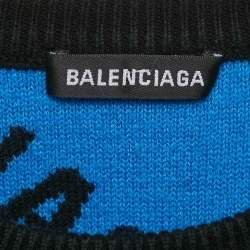 مملوكة مسبقًا Balenciaga Blue Monogram Cotton Knit Crew Neck Sweater M