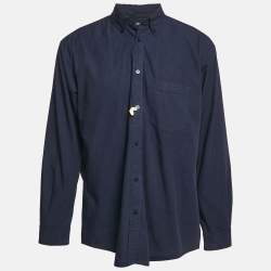 Balenciaga Navy Blue Cotton Logo Print Button Down Oversized Shirt M