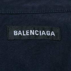 Balenciaga Navy Blue Cotton Logo Print Button Down Oversized Shirt M