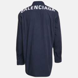 Balenciaga Navy Blue Cotton Logo Print Button Down Oversized Shirt M