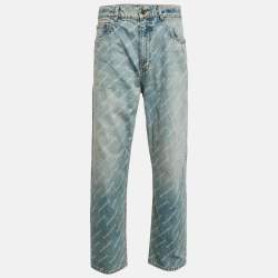 Balenciaga Unisex Blue Logo Over All Faded Denim Straight Leg Jeans S Waist 30"