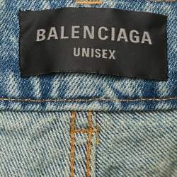 Balenciaga Unisex Blue Logo Over All Faded Denim Straight Leg Jeans S Waist 30"
