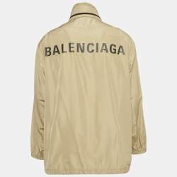 Pre Owned Balenciaga Beige Logo Print Synthetic Oversized Concealed Hood Jacket XS