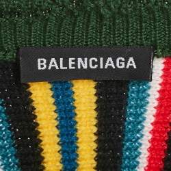 Pre Owned Balenciaga Multicolor Logo Intarsia Striped Wool Blend Oversized Sweater XXS
