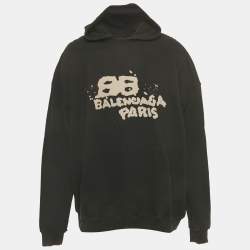 Pre Owned Balenciaga Black Printed Cotton Distressed Hoodie M