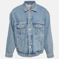 Pre Owned Balenciaga Blue Logo Print Denim Oversized Jacket S