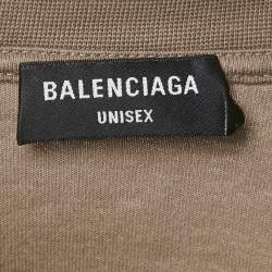 Pre Owned Balenciaga Unisex Tan Brown Logo Embroidered Cotton T-Shirt M