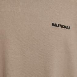 Pre Owned Balenciaga Unisex Tan Brown Logo Embroidered Cotton T-Shirt M