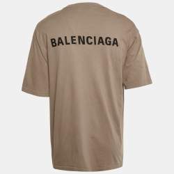 Pre Owned Balenciaga Unisex Tan Brown Logo Embroidered Cotton T-Shirt M