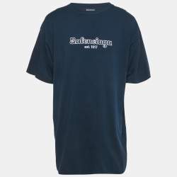Pre Owned Balenciaga Navy Blue Logo Embroidered Cotton T-Shirt XS