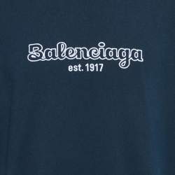 Pre Owned Balenciaga Navy Blue Logo Embroidered Cotton T-Shirt XS