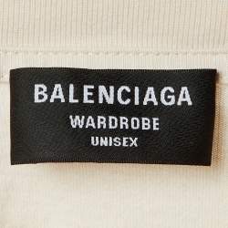 Pre Owned Balenciaga Beige Logo Print Cotton T-Shirt M