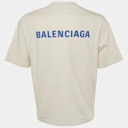 Pre Owned Balenciaga Beige Logo Print Cotton T-Shirt M