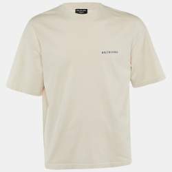 Pre Owned Balenciaga Beige Logo Print Cotton T-Shirt M