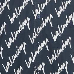 مملوكة مسبقًا قميص بالنسياغا أزرق كحلي مطبوع بالشعار قطن بأكمام طويلة مقاس وسط - ميديم