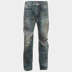 Pre Owned بنطلون جينز ديستريسد متسخ بالنسياجا أزرق للجنسين مقاس وسط 32"