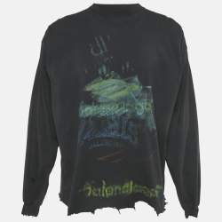 Pre Owned تي شيرت بالنسياغا أزرق داكن بطبعة قطن نمط ممزق مقاس متوسط