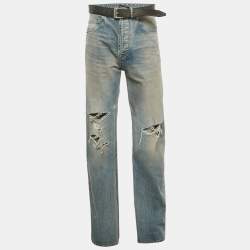 مملوكة مسبقًا Balenciaga Unisex Blue Ripped Denim Belted Jeans M/Waist 32"