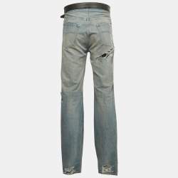 مملوكة مسبقًا Balenciaga Unisex Blue Ripped Denim Belted Jeans M/Waist 32"