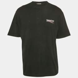 مملوكة مسبقًا تي شيرت بالنسياغا مطبوع بشعار قطن أسود بنمط واسع مقاس صغير جدًا