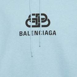 Pre Owned Balenciaga Blue Logo Print Cotton Hoodie S