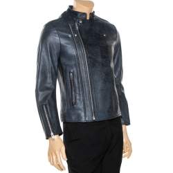 Pre Owned Balenciaga Navy Blue Leather Biker Jacket M