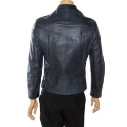 Pre Owned Balenciaga Navy Blue Leather Biker Jacket M