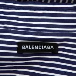 Pre Owned Balenciaga Navy Blue Logo Print Striped Cotton Shrunken Shirt M