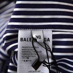 Pre Owned Balenciaga Navy Blue Logo Print Striped Cotton Shrunken Shirt M