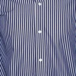 Pre Owned Balenciaga Navy Blue Logo Print Striped Cotton Shrunken Shirt M