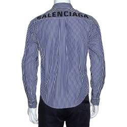Pre Owned Balenciaga Navy Blue Logo Print Striped Cotton Shrunken Shirt M