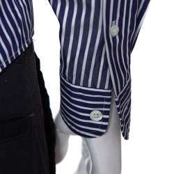 Pre Owned Balenciaga Navy Blue Logo Print Striped Cotton Shrunken Shirt M