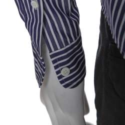 Pre Owned Balenciaga Navy Blue Logo Print Striped Cotton Shrunken Shirt M