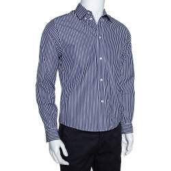 Pre Owned Balenciaga Navy Blue Logo Print Striped Cotton Shrunken Shirt M