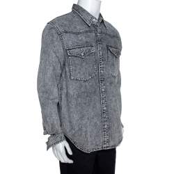 Pre Owned Balenciaga Grey Acid Washed Denim Distressed Cuff Detail Shirt L