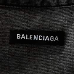 Pre Owned Balenciaga Grey Acid Washed Denim Distressed Cuff Detail Shirt L