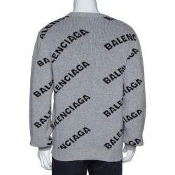 Pre Owned Balenciaga Grey Wool Blend Allover Logo Crew Neck Sweater M