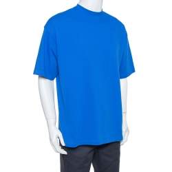 Pre Owned Balenciaga Blue Cotton Logo Printed Crewneck T-Shirt M