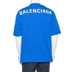 Pre Owned Balenciaga Blue Cotton Logo Printed Crewneck T-Shirt M
