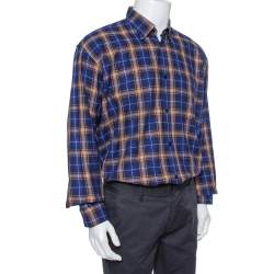 Balenciaga Blue Logo Print Checked Cotton Flannel Oversized Shirt M 